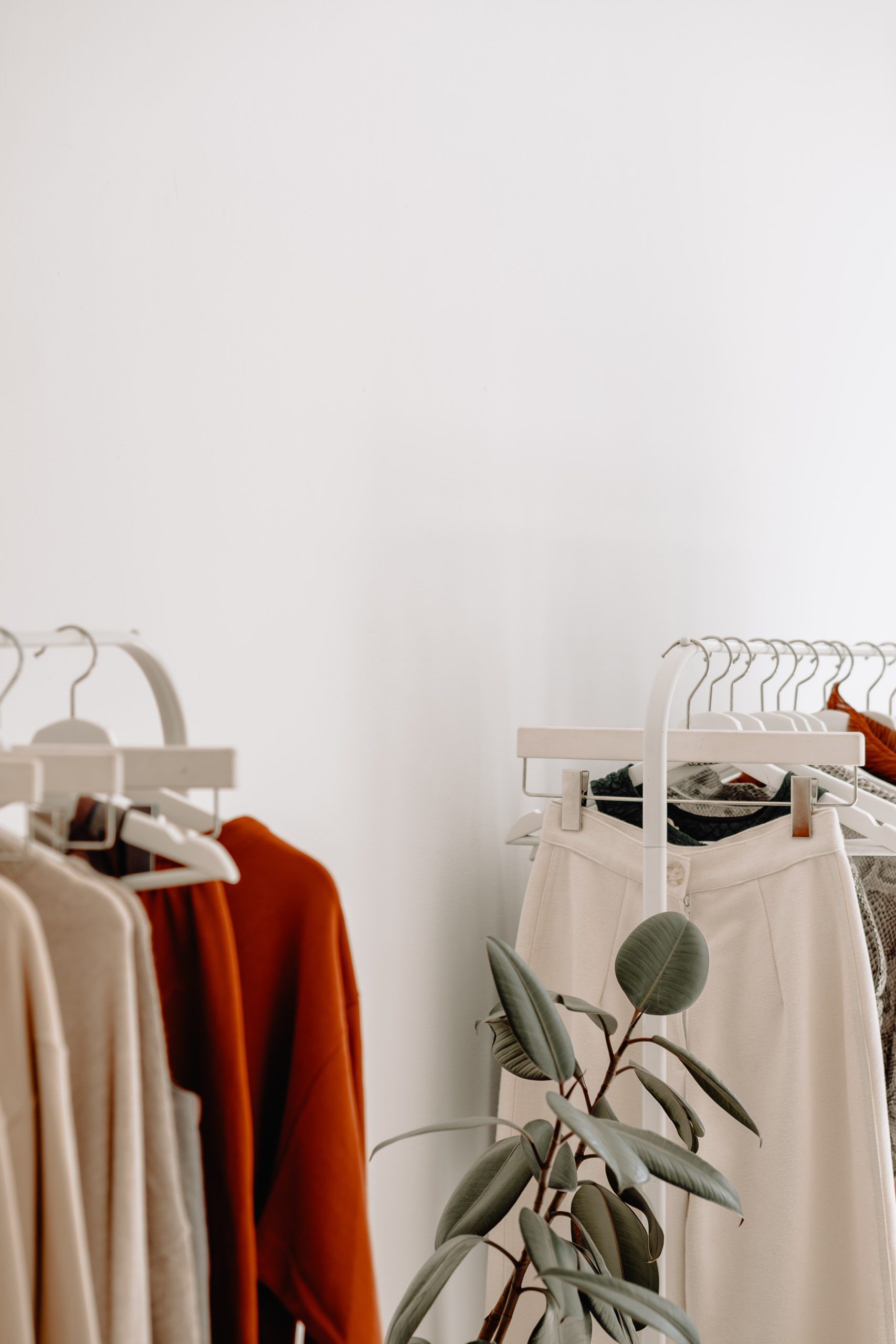 Des vêtements de couleur claire sur des cintres blancs avec une plante verte